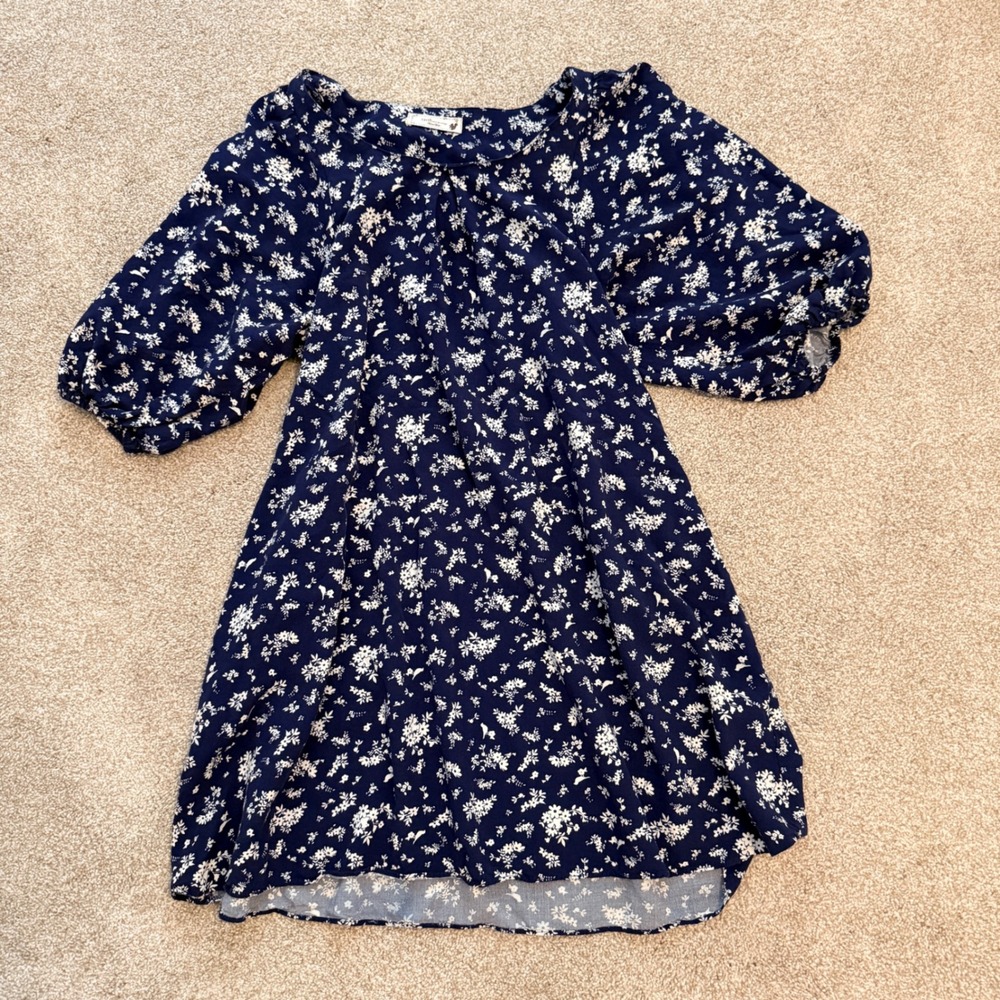 Earth Music & Ecology Floral Dress Womens Size F Navy Blue Puff Sleeve‎ Mini